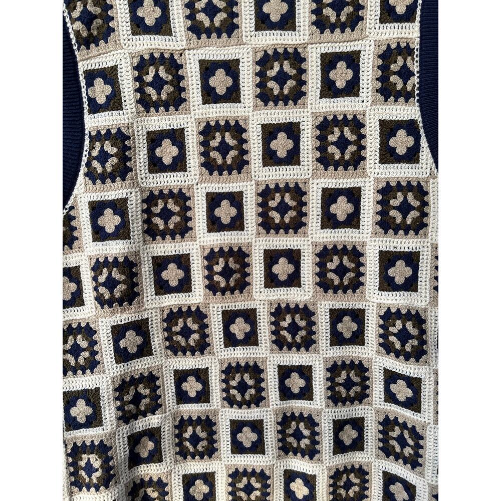 WESC Crochet Sweater Vest Size S Navy Cream Granny Square Knit Boho Unisex - Picture 11 of 11